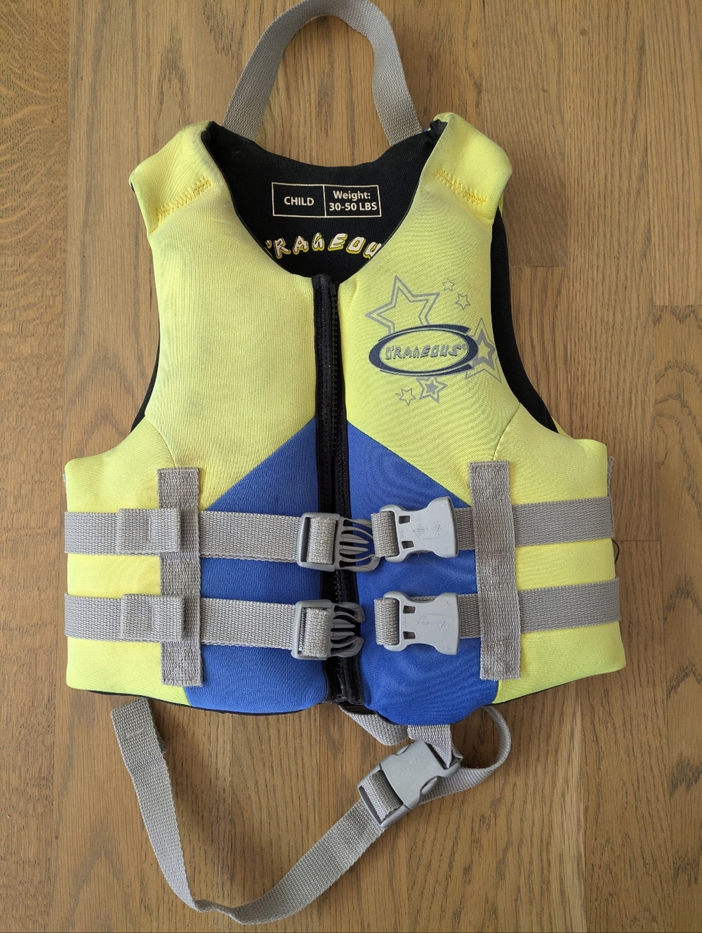 O'Rageous Child Life Vest - Black Yellow And Blue (Fits Kid 30-50 Lbs)